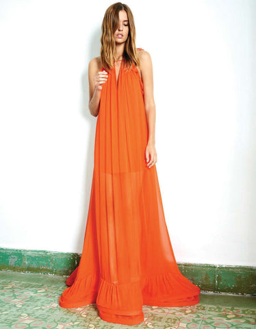 Alexis Gracie Long Dress w/Ruffles in Red Orange