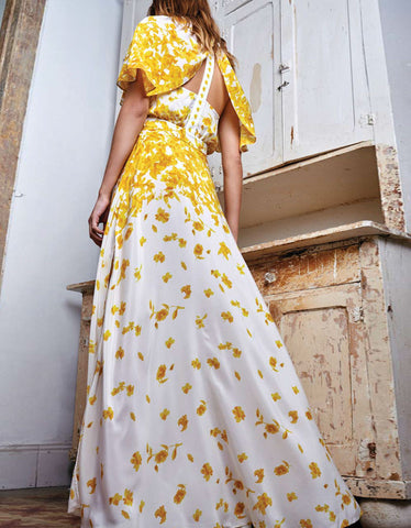 Alexis Jeannie Dress w/Adjustable Cape in Yellow Floral