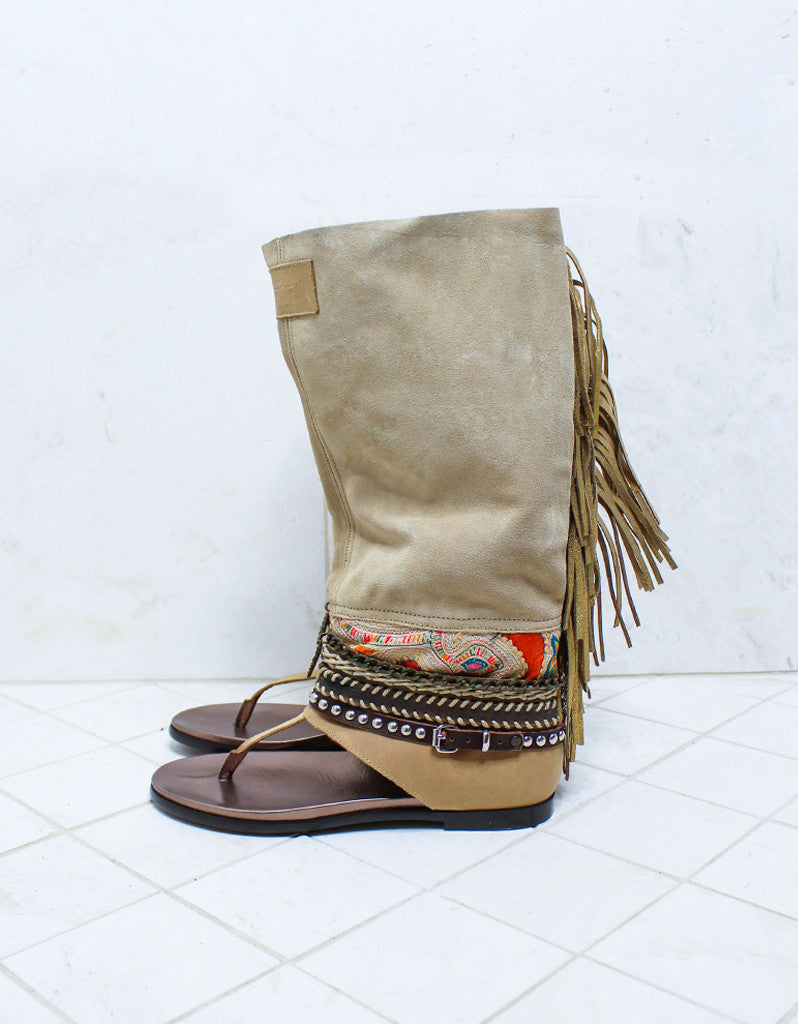 Custom Made Boho High Boot Sandals in Beige | SIZE 39 - SWANK - Shoes - 6