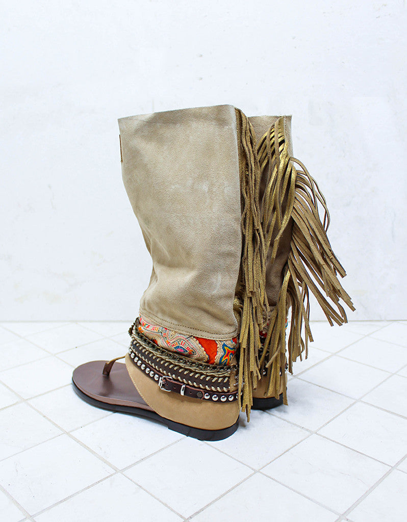 Custom Made Boho High Boot Sandals in Beige | SIZE 39 - SWANK - Shoes - 7