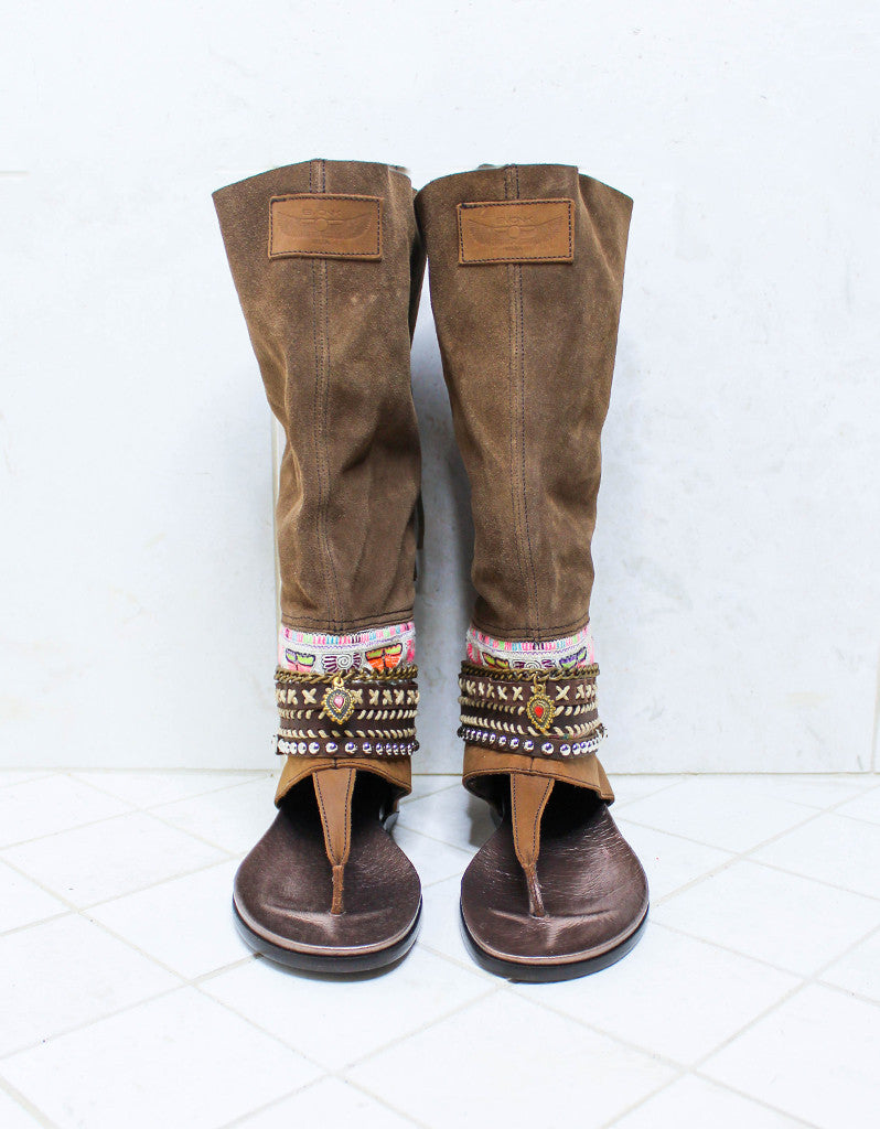 Custom Made Boho High Boot Sandals in Brown | SIZE 38 - SWANK - Shoes - 4