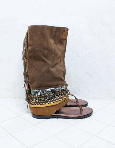 Custom Made Boho High Boot Sandals in Brown | SIZE 40
