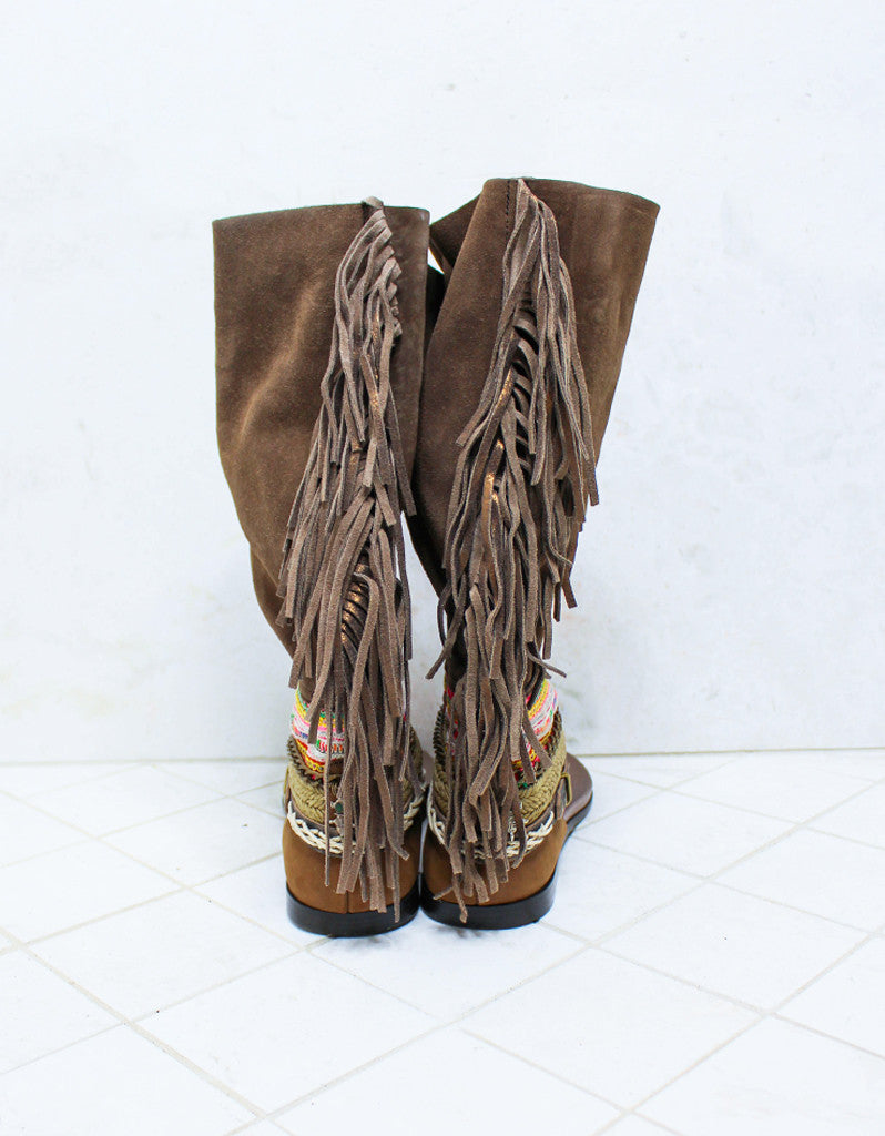 Custom Made Boho High Boot Sandals in Brown | SIZE 41