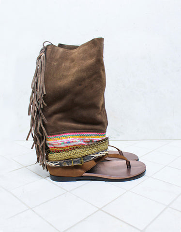 Custom Made Boho High Boot Sandals in Beige | SIZE 39