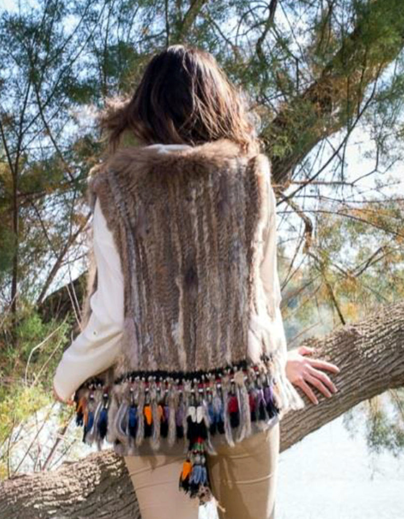Rabbit Fur Vest w/Multicolor Fringe - SWANK - Outerwear - 2