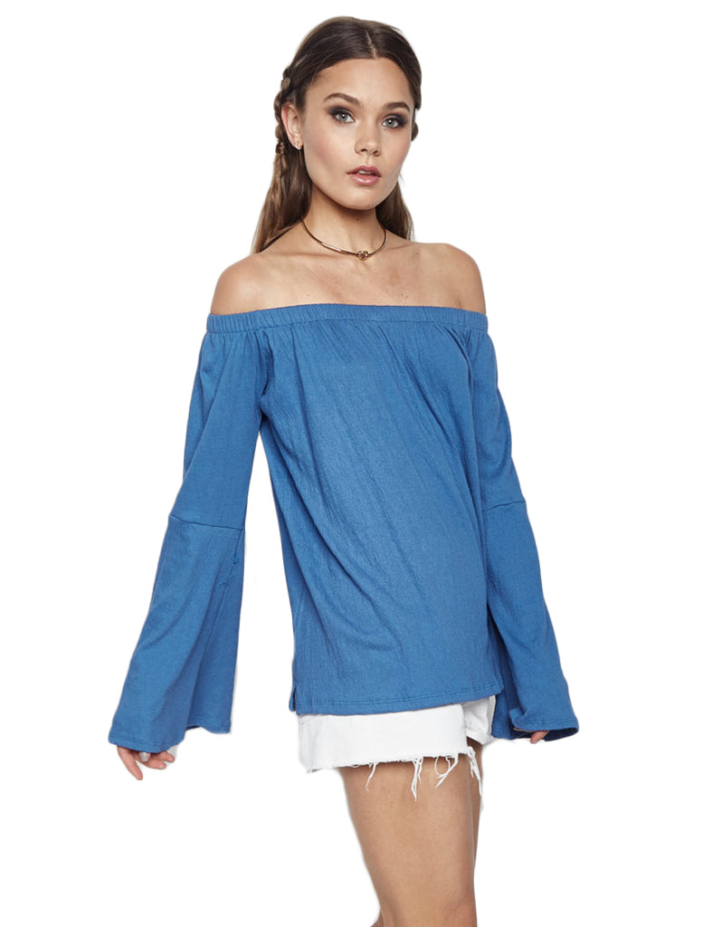 Michael Lauren Carmelo Bell Sleeve Open Shoulder Top in Star Blue