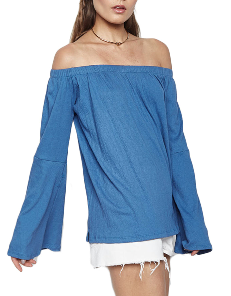Michael Lauren Carmelo Bell Sleeve Open Shoulder Top in Star Blue
