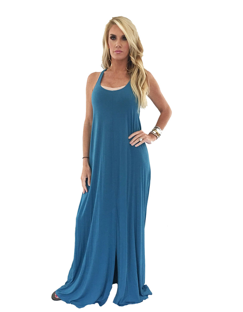 Michael Lauren Grady Circle Open Back Tank Dress in Black and Spruce Blue - SWANK - Dresses - 4