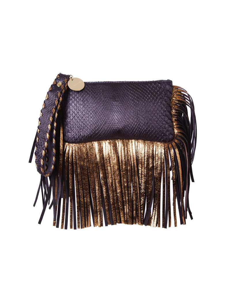 Capazonia Fidji Mini Fringe Clutch in Black Snakeskin - SWANK - Handbags - 1