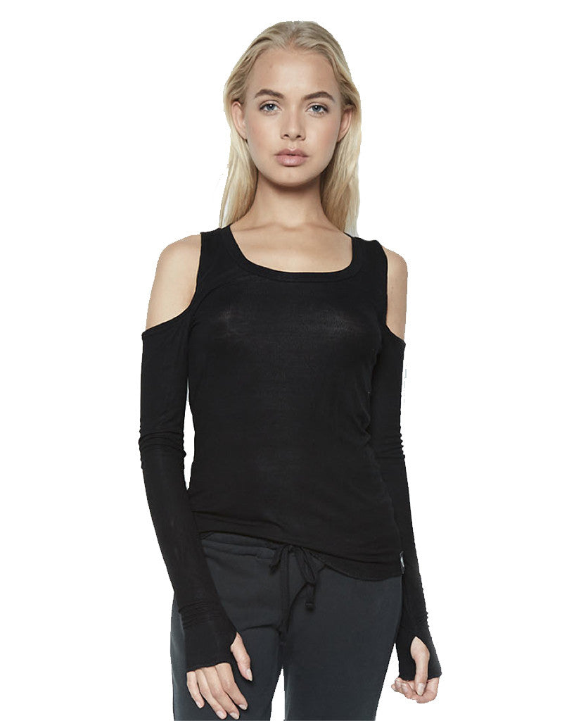Michael Lauren Filippo Open Shoulder L/S Scoop Neck w/Thumbhole in Black - SWANK - Tops - 1