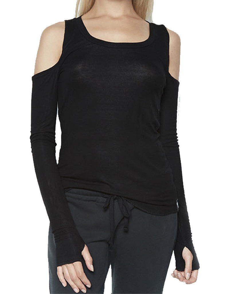 Michael Lauren Filippo Open Shoulder L/S Scoop Neck w/Thumbhole in Black - SWANK - Tops - 2