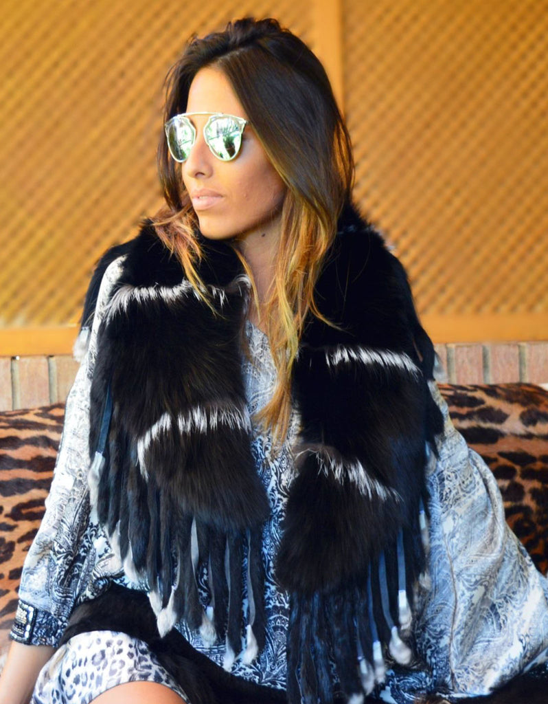 Fur Collar with Fringe in Black - SWANK - Outerwear - 1