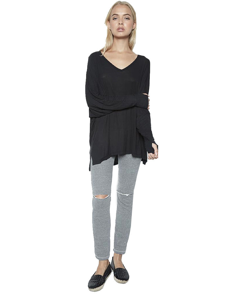 Michael Lauren Gio L/S Draped V-Neck Top w/Thumbholes in Caviar - SWANK - Tops - 1