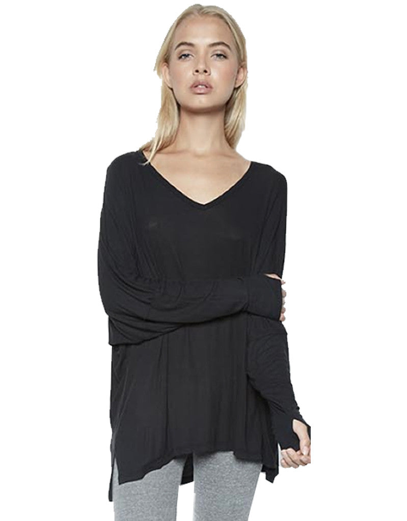 Michael Lauren Gio L/S Draped V-Neck Top w/Thumbholes in Caviar - SWANK - Tops - 2