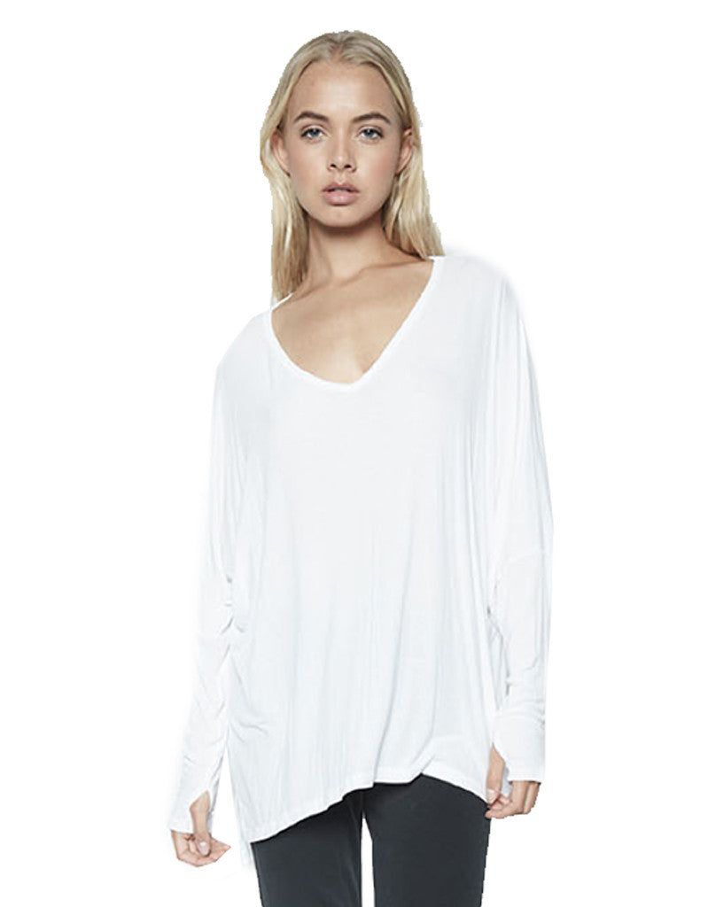 Michael Lauren Gio L/S Draped V-Neck Top w/Thumbholes in White - SWANK - Tops - 2
