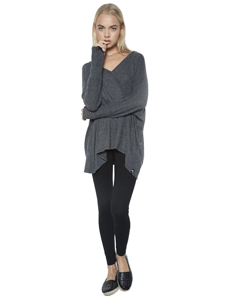 Michael Lauren Harman Oversized V-Neck Pullover w/Thumbholes in Black - SWANK - Tops - 1