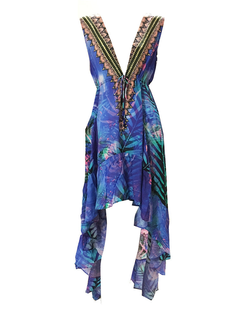 Shahida Parides Queen Palm V-Neck Embellished High-Low Dress in Blue - SWANK - Dresses - 1