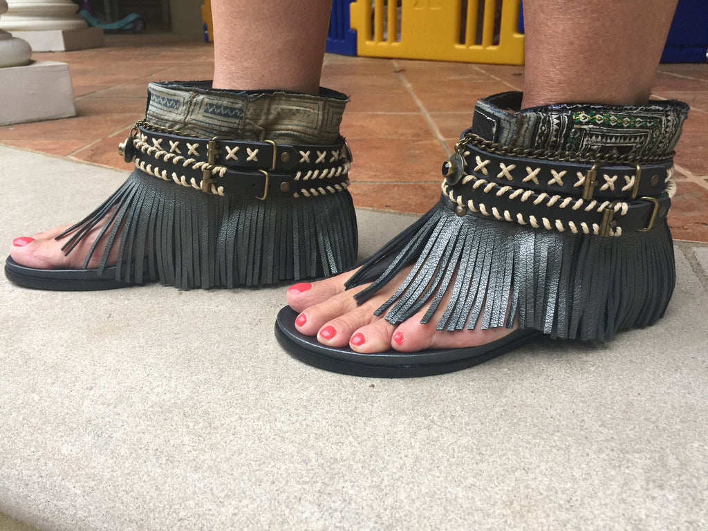 BOHO SANDALS- "Custom made black fringe sandals" - SWANK - Shoes - 3