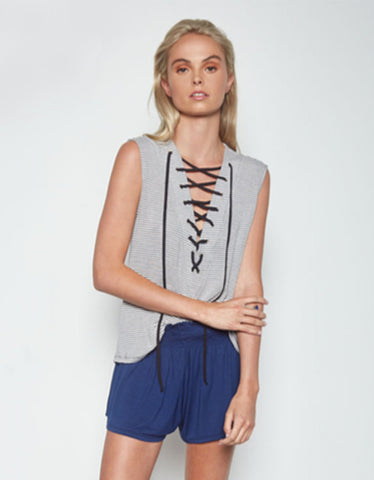 Michael Lauren Kylo Lace Up Front Tank in Charcoal Stripe