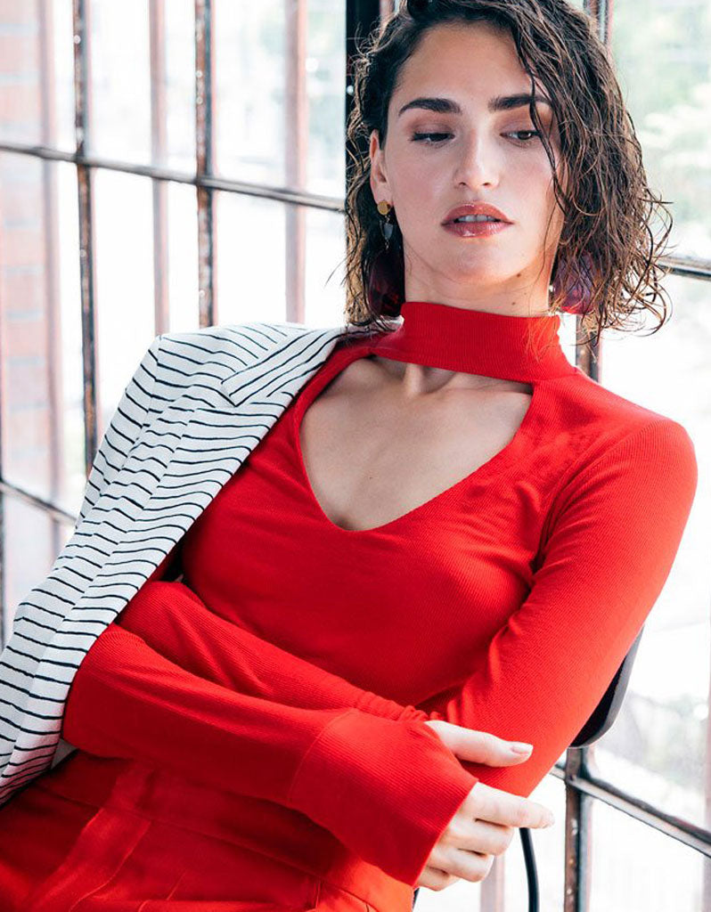 Michael Lauren Laurence Mock Neck Cut Out Top in Cardinal