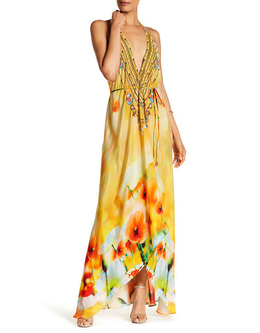 Shahida Parides Queen Palm High-Low Dress with Plunging V-Neck in Aqua
