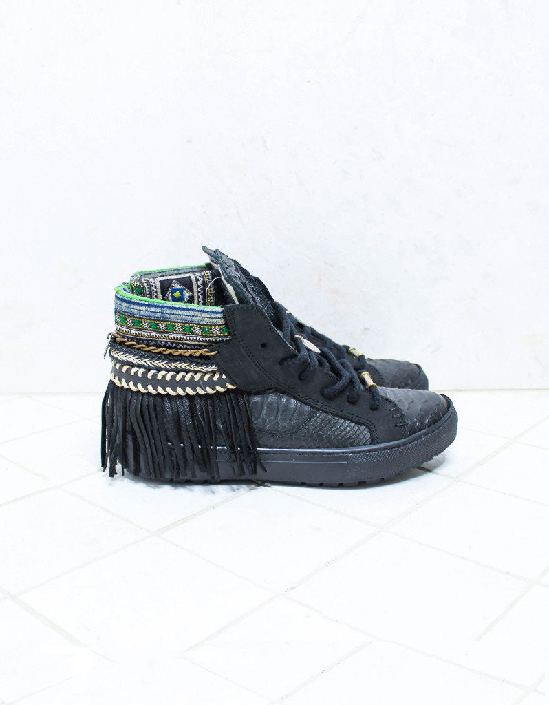 Boho Sneakers with Fringe in Black Snake