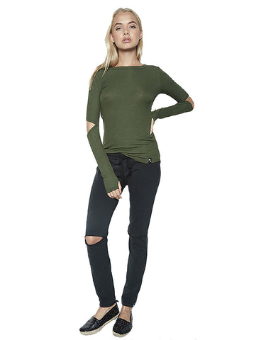 Michael Lauren Solomon L/S Fitted Top w/Elbow Slits in Military