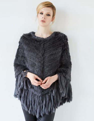 Fur Poncho with Tassels in Light Blue