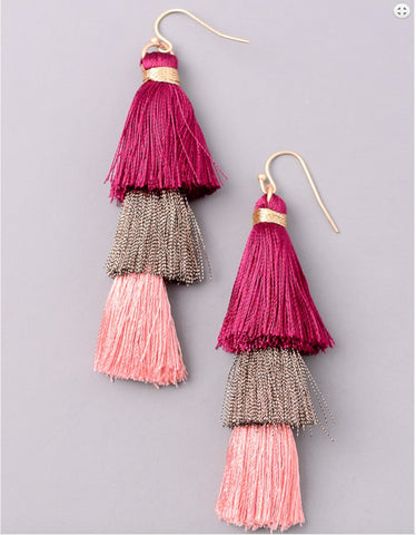 Vintage Snoot Tiered Tassel Earrings in Pink