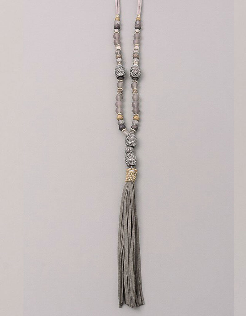 Paltrow Pave Beaded Fringe Tassel Necklace in Grey
