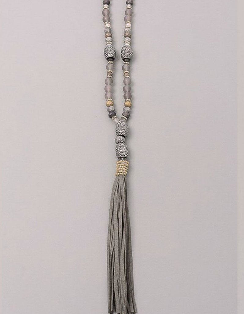 Paltrow Pave Beaded Fringe Tassel Necklace in Grey