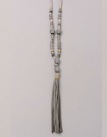 Paltrow Pave Beaded Fringe Tassel Necklace in Grey