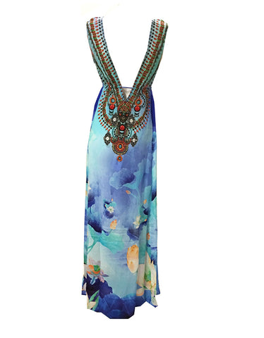 Shahida Parides Queen Palm V-Neck Embellished High-Low Dress in Blue
