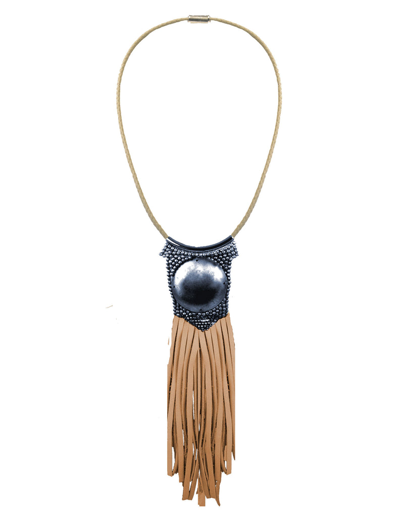 Fiona Paxton Light Beaded Statement Pendant Necklace w/ Leather Fringe - SWANK - Jewelry - 1
