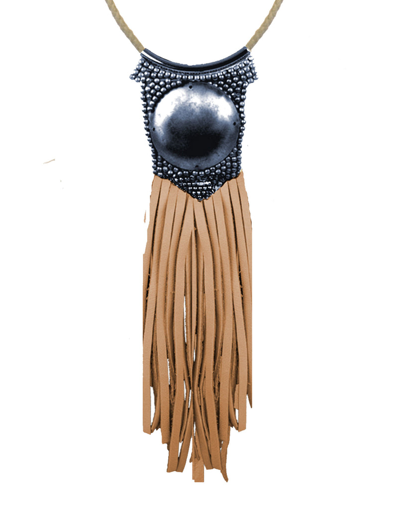 Fiona Paxton Light Beaded Statement Pendant Necklace w/ Leather Fringe - SWANK - Jewelry - 2