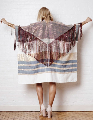 Harare Sucuc Fringe Long Kimono in Pink/White/Gold