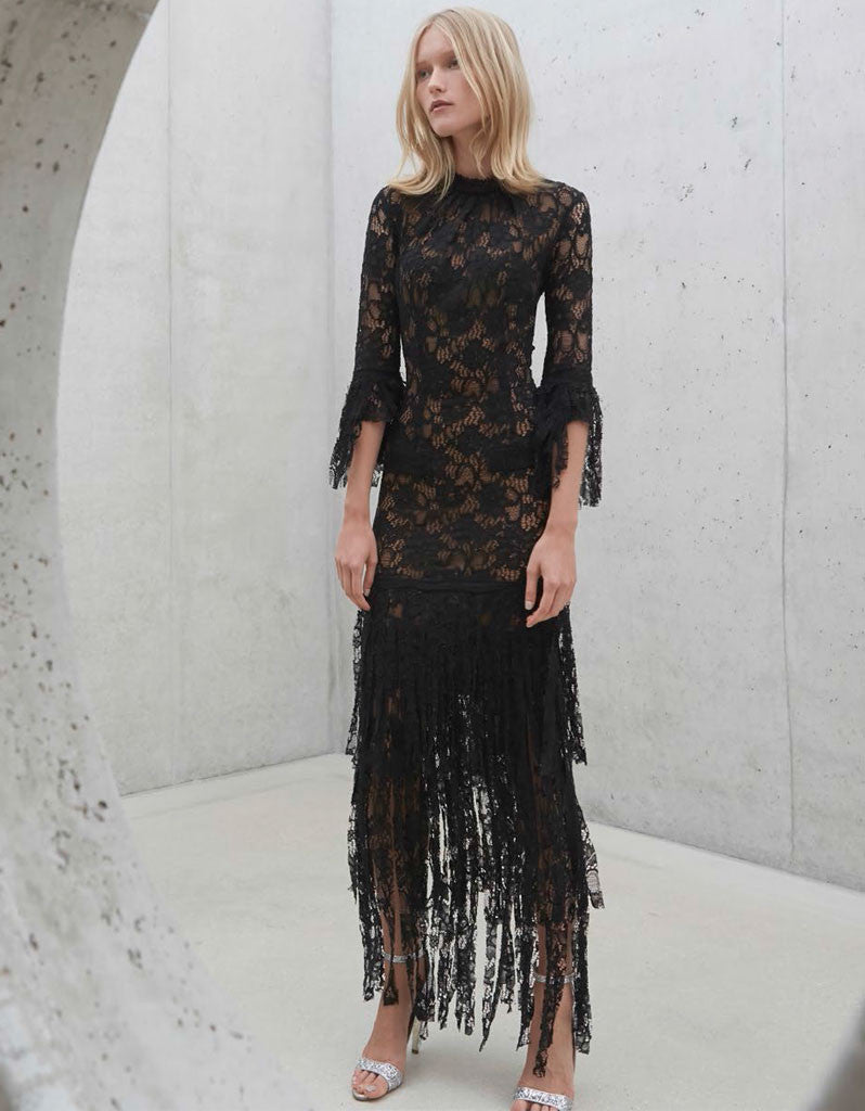 Alexis Jade Long Lace Dress w/ Lace Fringe in Black Lace - SWANK - Dresses - 1