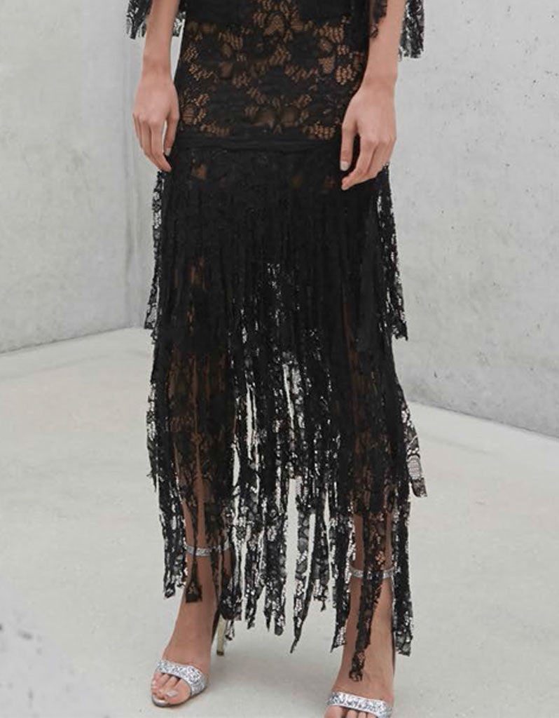 Alexis Jade Long Lace Dress w/ Lace Fringe in Black Lace - SWANK - Dresses - 3
