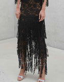 Alexis Jade Long Lace Dress w/ Lace Fringe in Black Lace - SWANK - Dresses - 3