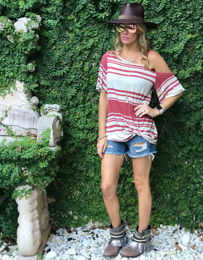 Rebel Cut Out Tee in Red Stripe