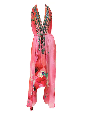 Shahida Parides California Poppy Georgia 3 Way Style Long Lace-Up Kaftan