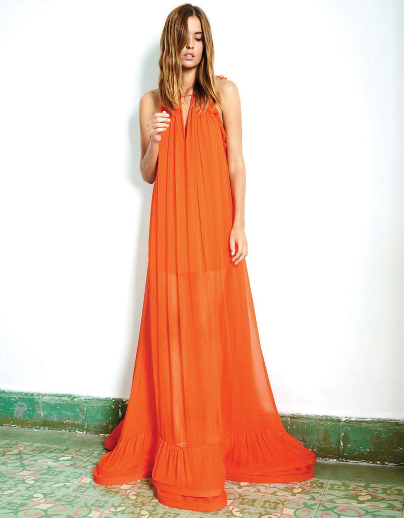 Alexis Gracie Long Dress w/Ruffles in Red Orange - SWANK - Dresses - 1