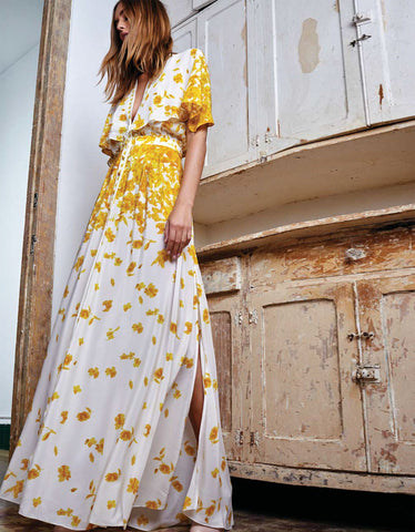 Alexis Jeannie Dress w/Adjustable Cape in Yellow Floral