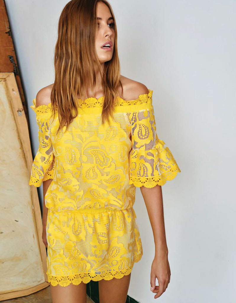Alexis Kit Off The Shoulder Dress in Yellow Embroidery - SWANK - Dresses - 1