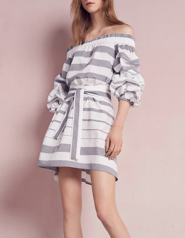 Alexis Olevetti Off The Shoulder Dress in Blue/White Stripes