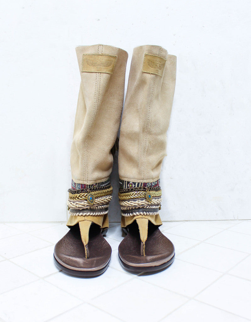 Custom Made Boho High Boot Sandals in Beige | SIZE 41 - SWANK - Shoes - 4