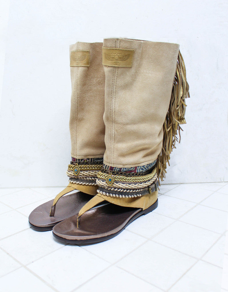 Custom Made Boho High Boot Sandals in Beige | SIZE 41 - SWANK - Shoes - 2