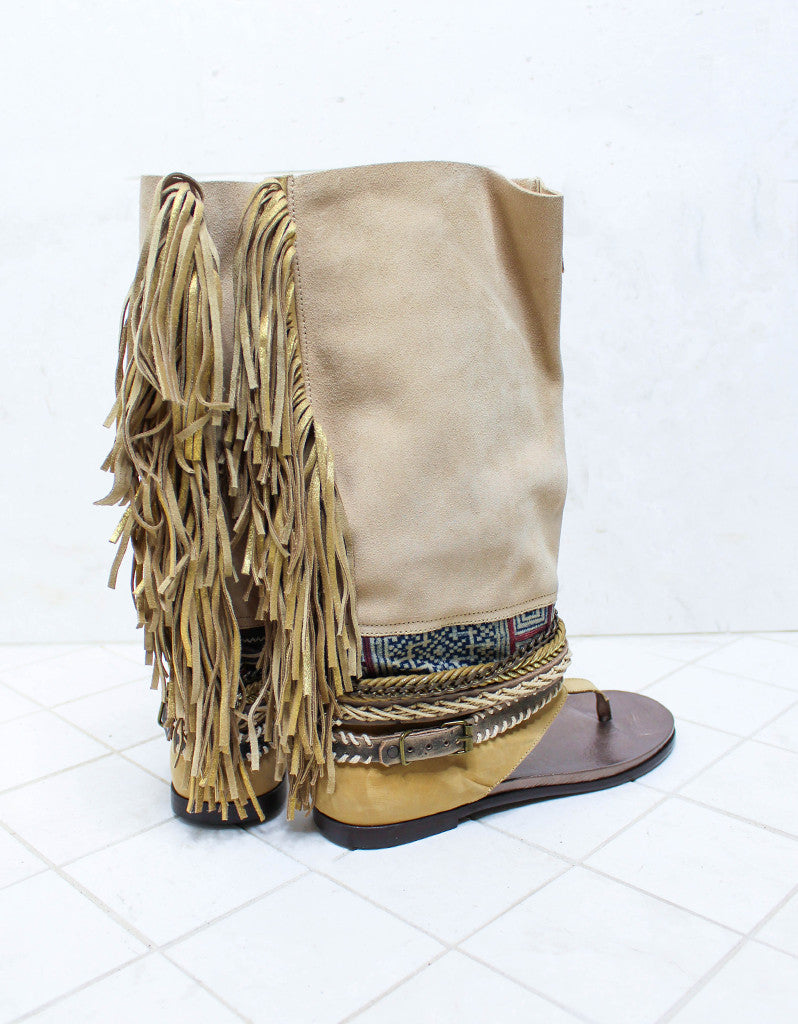 Custom Made Boho High Boot Sandals in Beige | SIZE 41 - SWANK - Shoes - 3