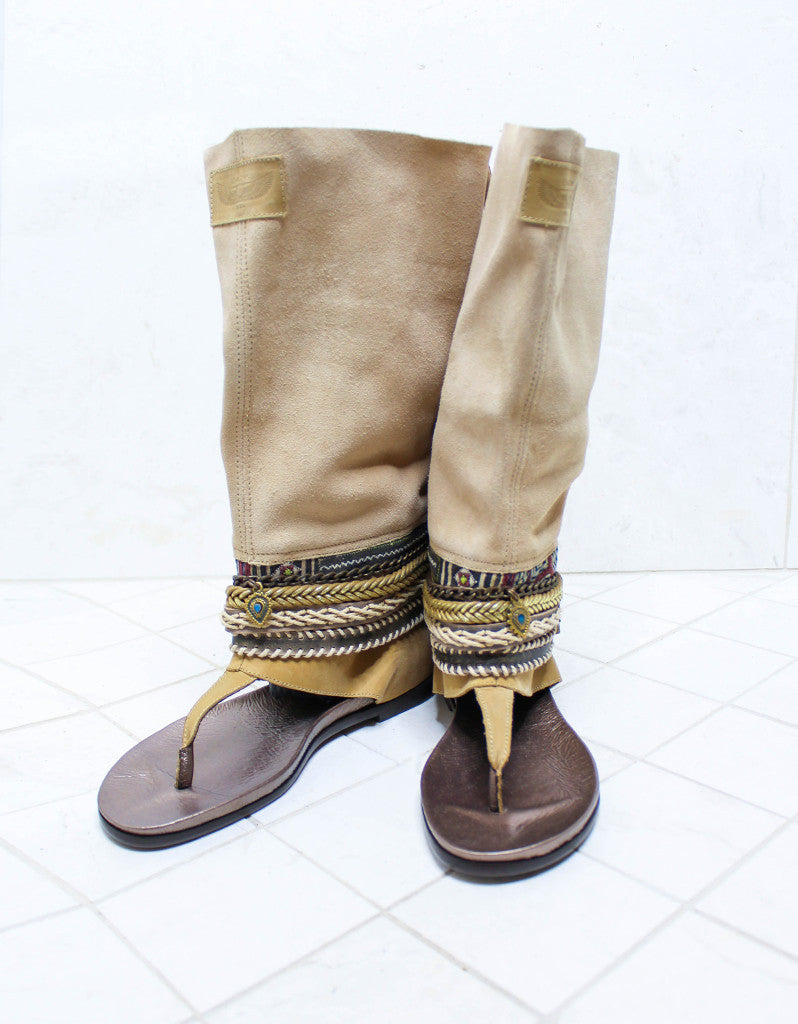 Custom Made Boho High Boot Sandals in Beige | SIZE 41 - SWANK - Shoes - 6