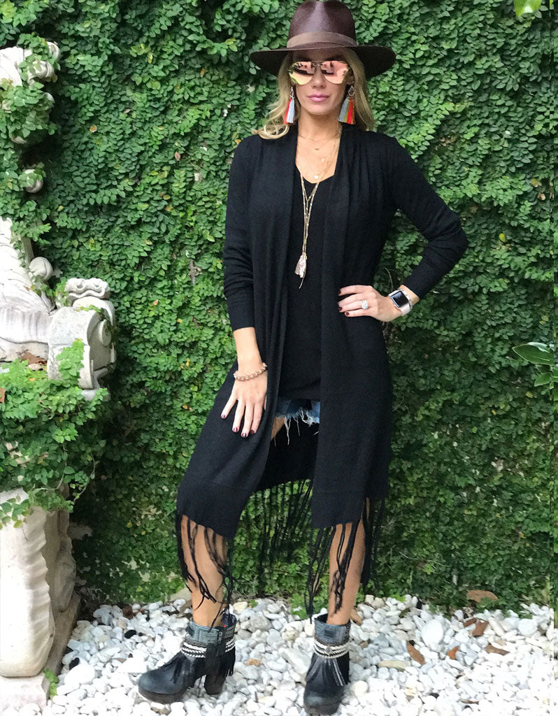 Zella Fringe Duster Cardigan in Black